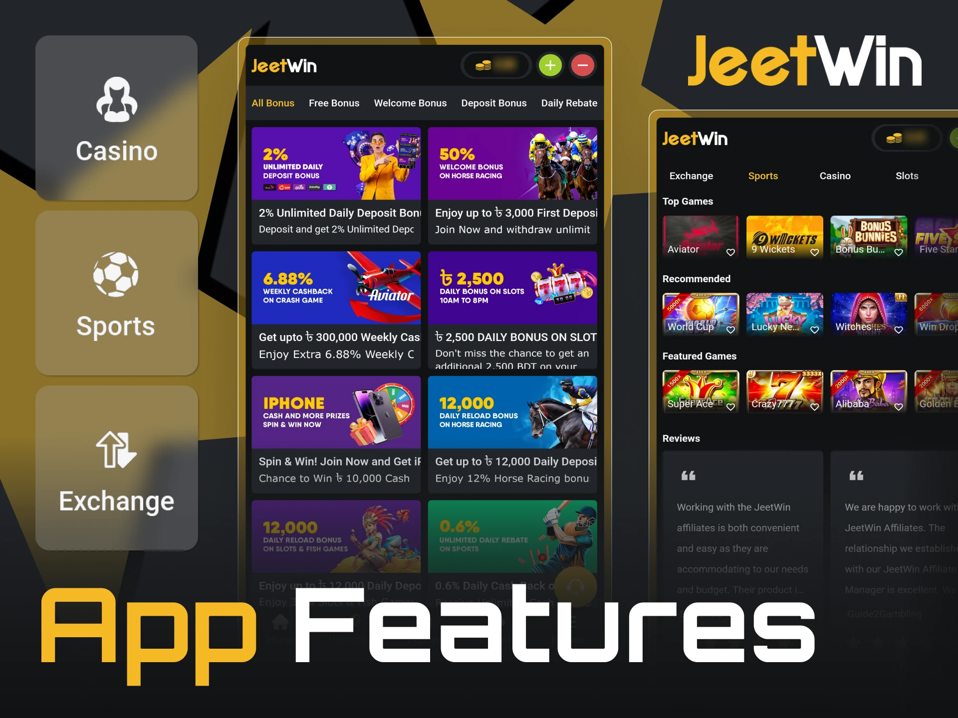 Look at some features of the JeetWin mobile app.