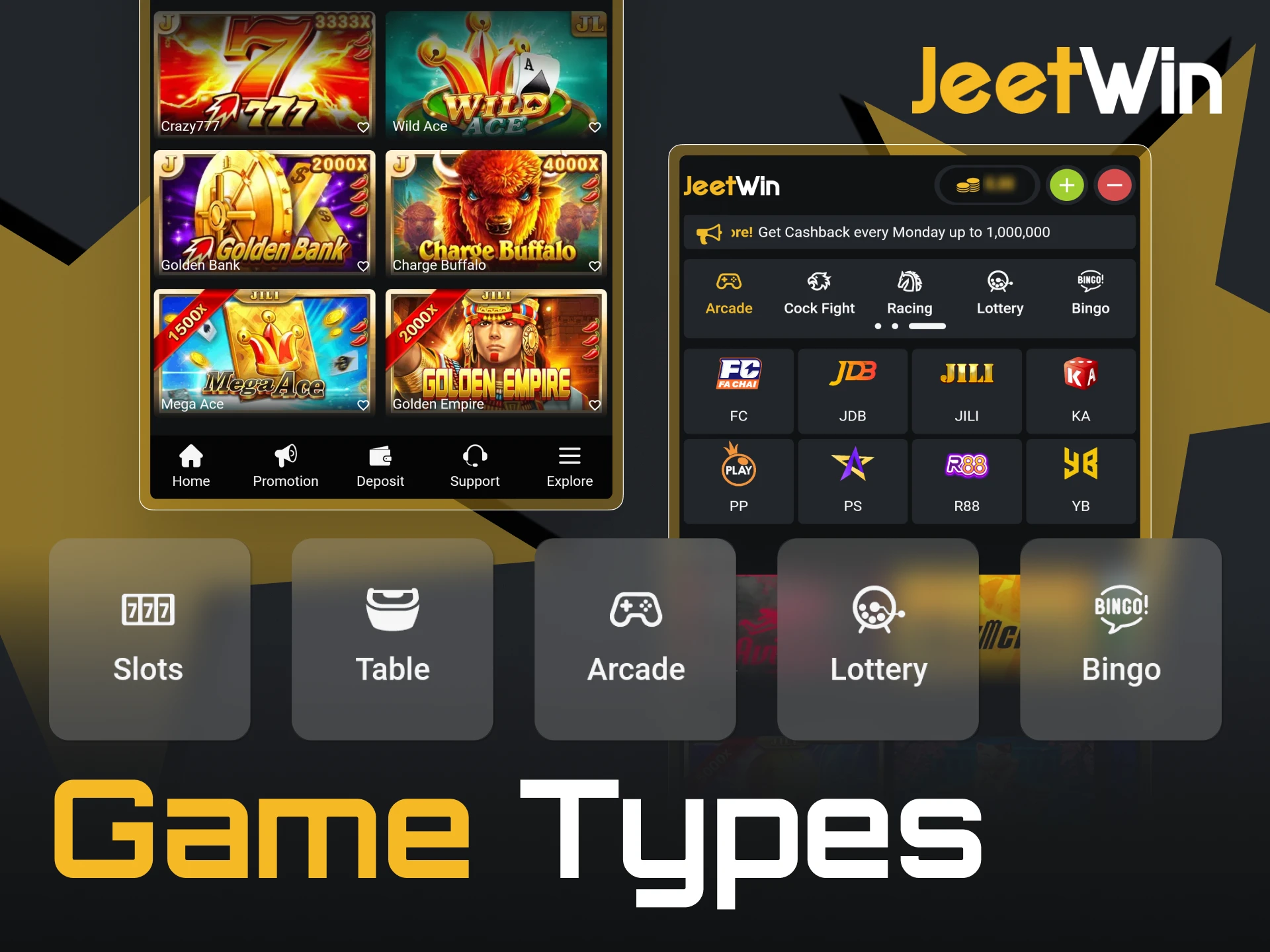 The JeetWin app grants you access to a casino library.