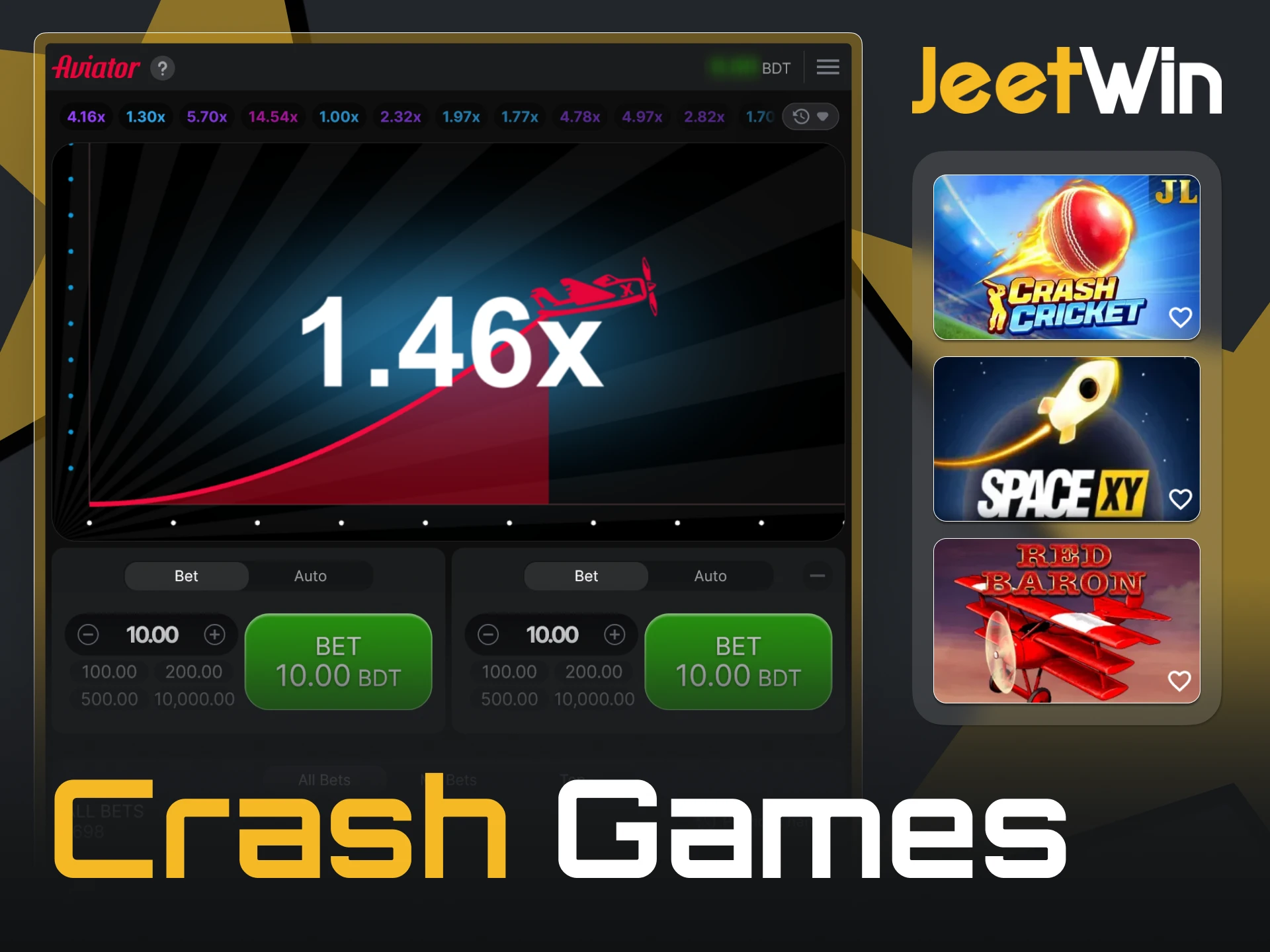 Aviator, Space XY, Crash Cricket and other crash games can be found on JeetWin.