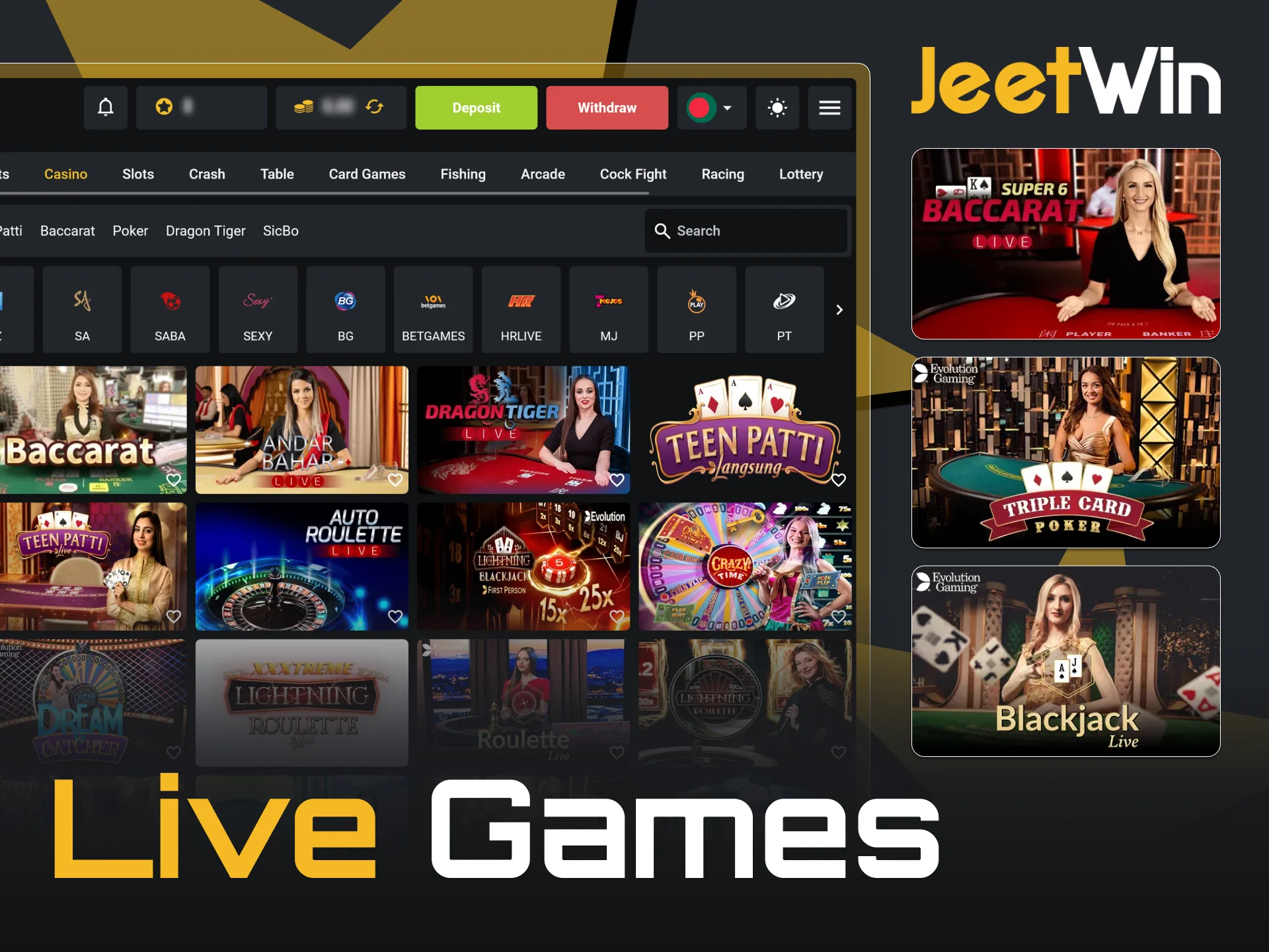 Play popular casino games with live dealers at JeetWin.