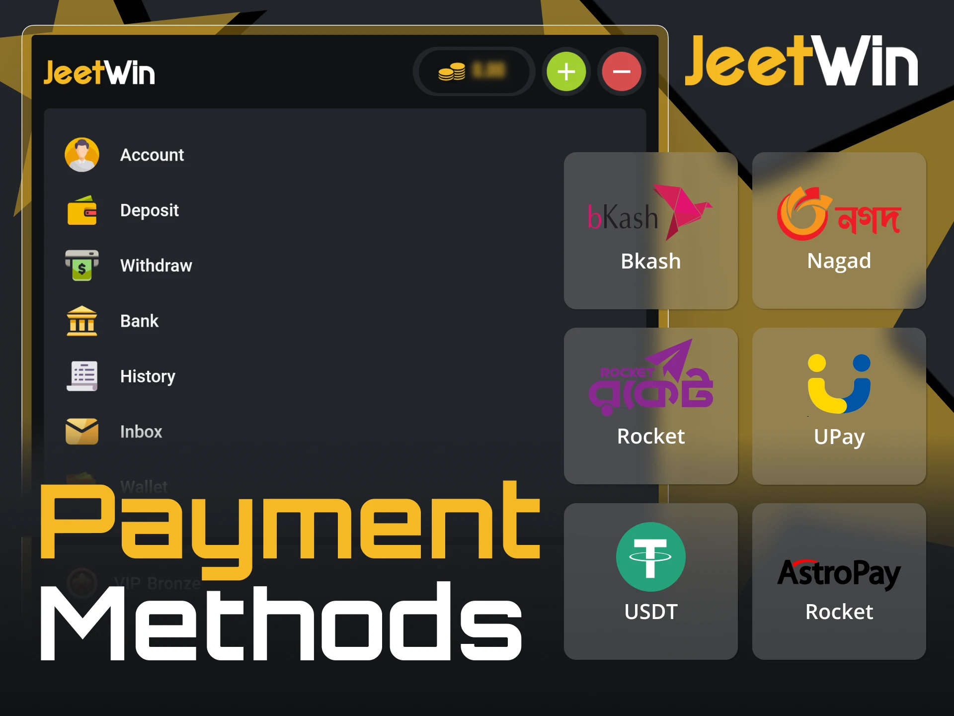 You can use all popular payment methods in Bangladesh at JeetWin.