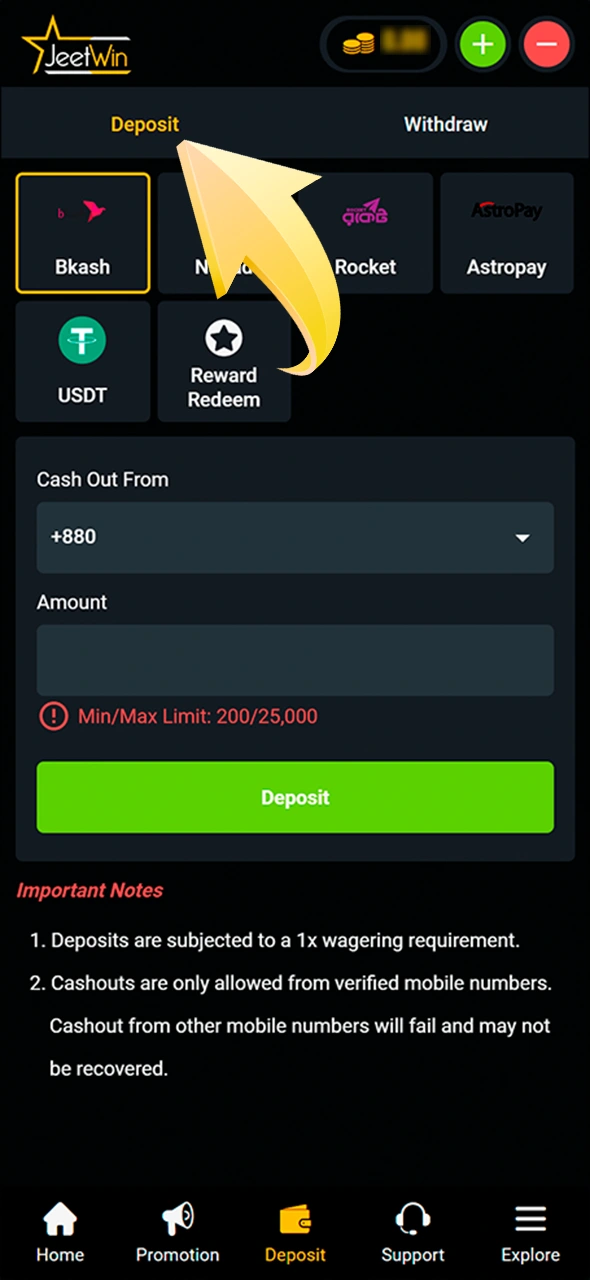 In your JeetWin wallet, click deposit.