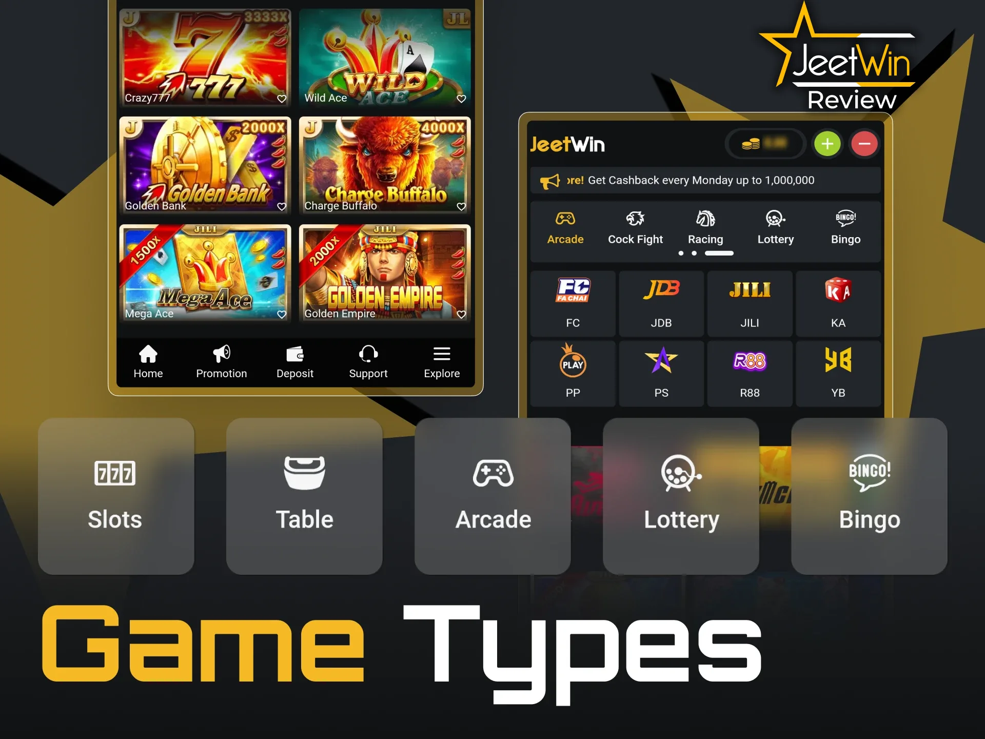 The JeetWin app grants you access to a casino library.