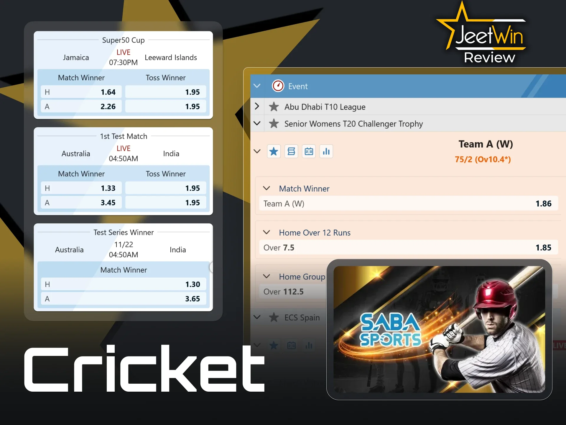 The biggest cricket leagues and popular teams can be bet on with JeetWin.