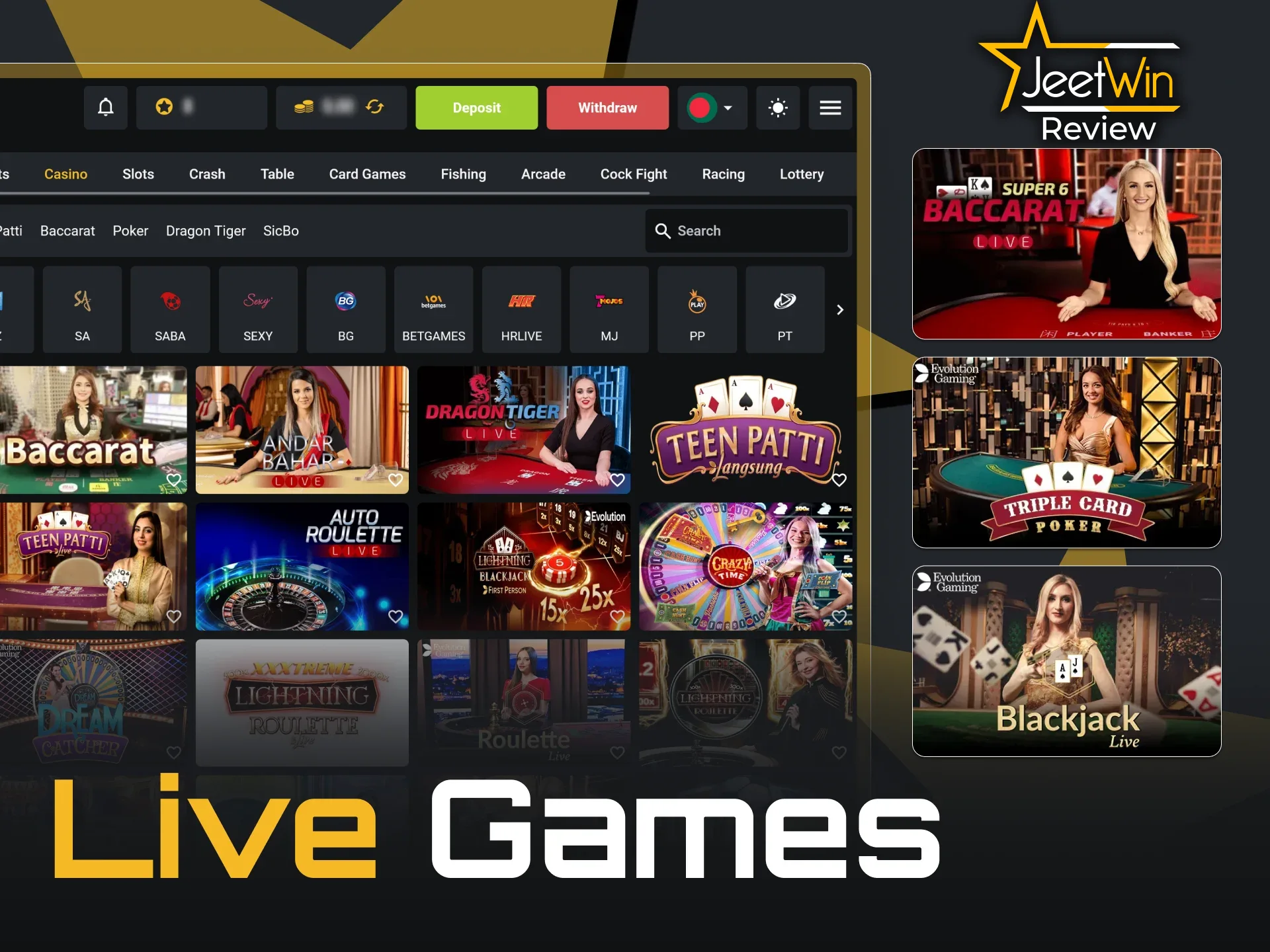 Play popular casino games with live dealers at JeetWin.